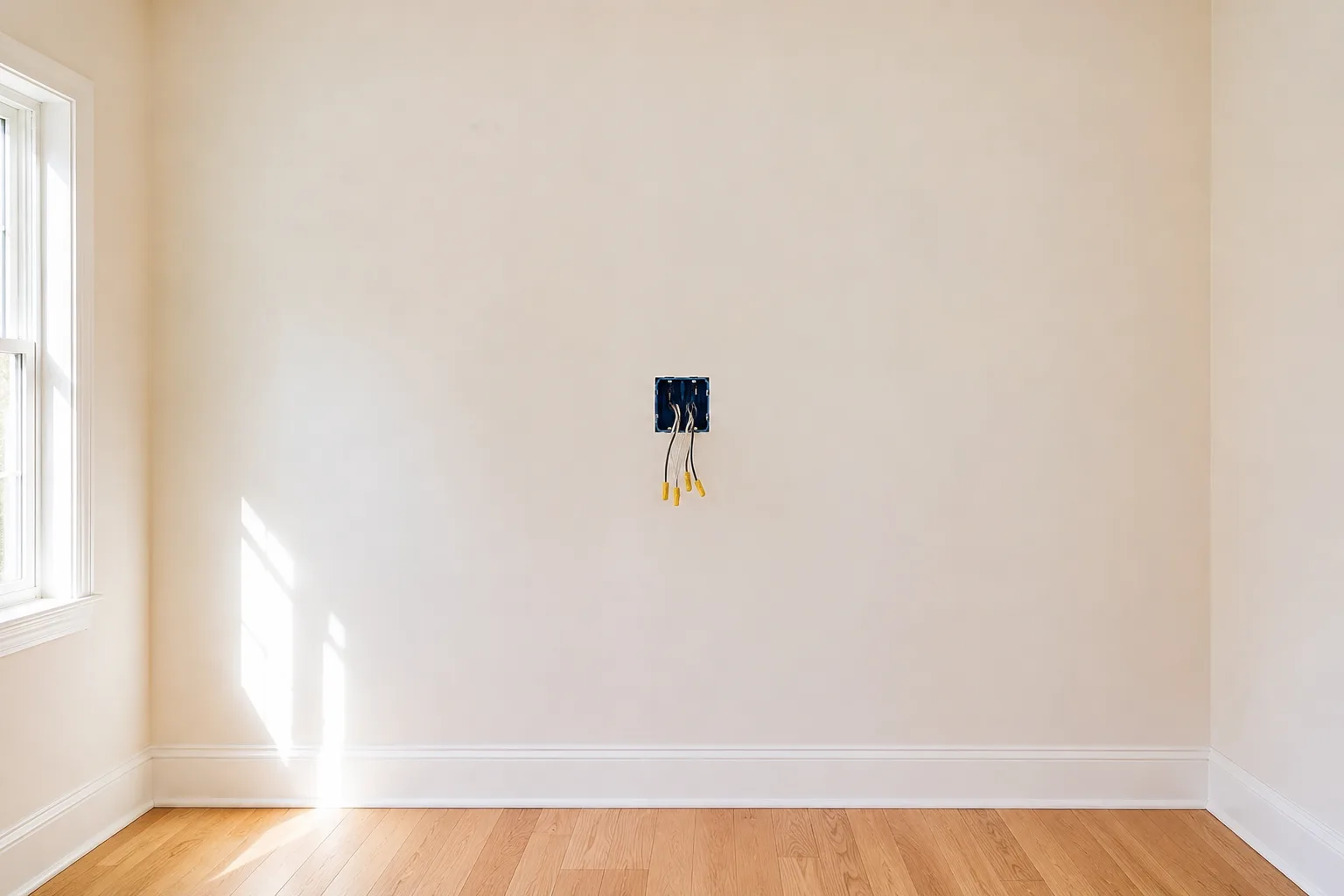 A freshly painted, finished room with one electrical box left open in the wall, wires still capped and hanging